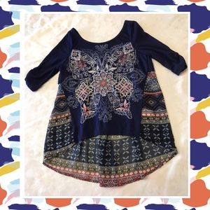 Girls Beautees Floral Shirt 1/2 Sleeve Navy Butterfly